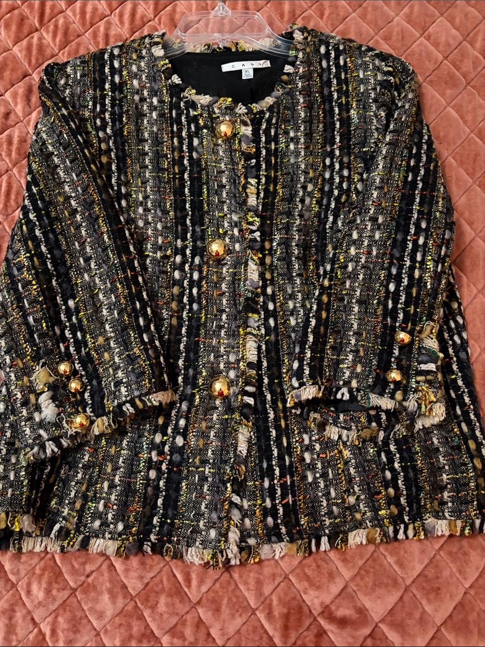 CAbi Black Tweed Gold-Button Fringed Jacket